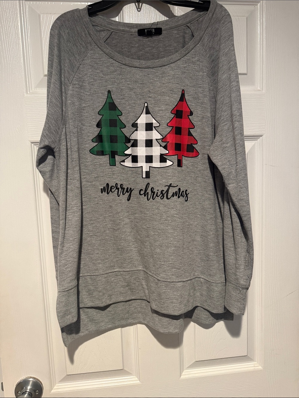 Women's Gray Holiday Sweatshirt with Plaid Christmas Trees
